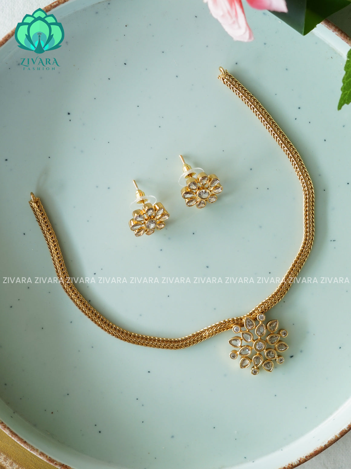 BHANU - WHITE STONE FLOWER FLEXIBLE  chain- Traditional south indian NORMAL MATTE neckwear with earrings - Zivara Fashion