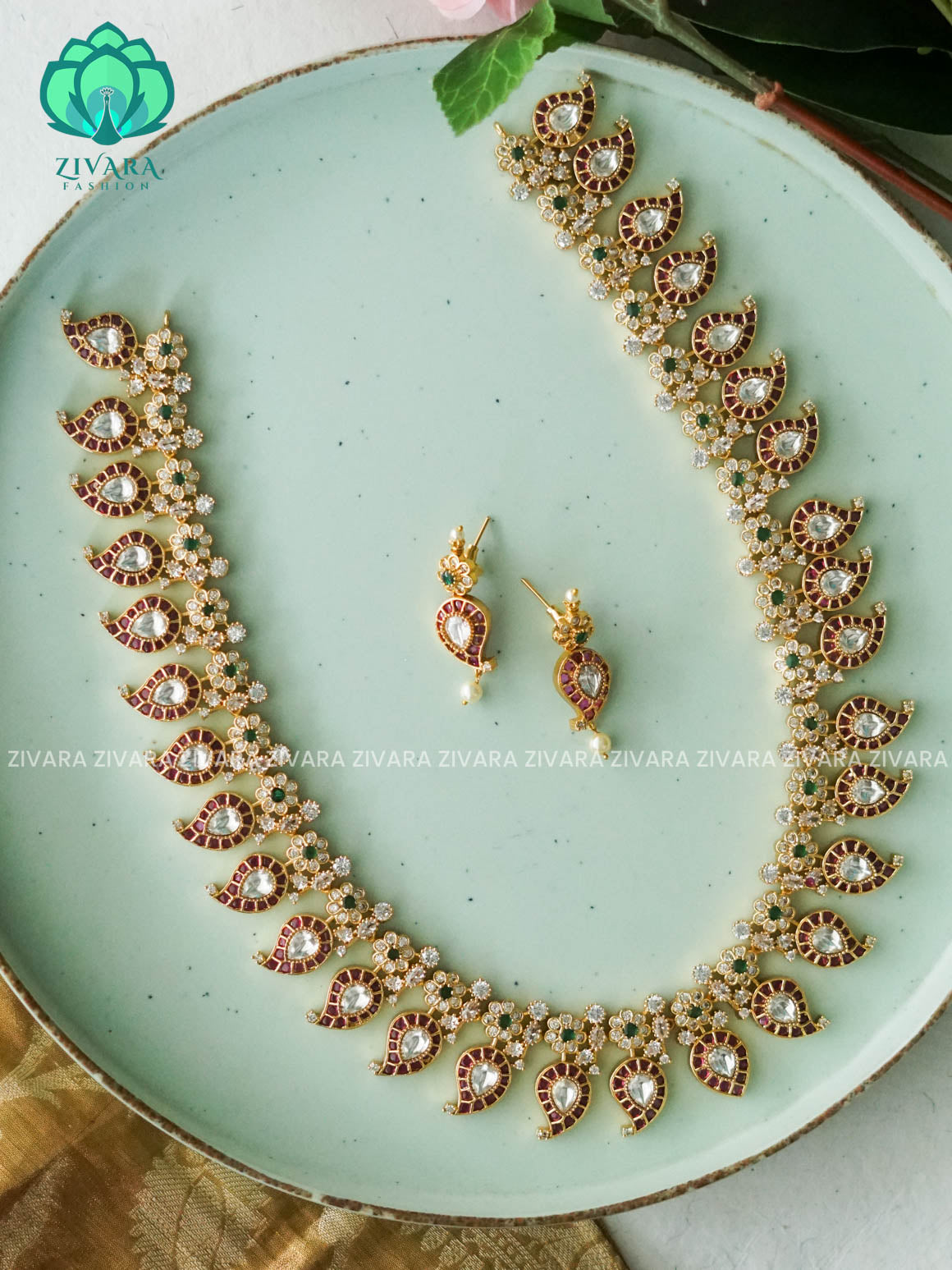 RUBY GREEN STONE MANGO - Traditional PREMIUM MATTE polish MIDCHEST haaram/neckwear with earrings- Zivara Fashion