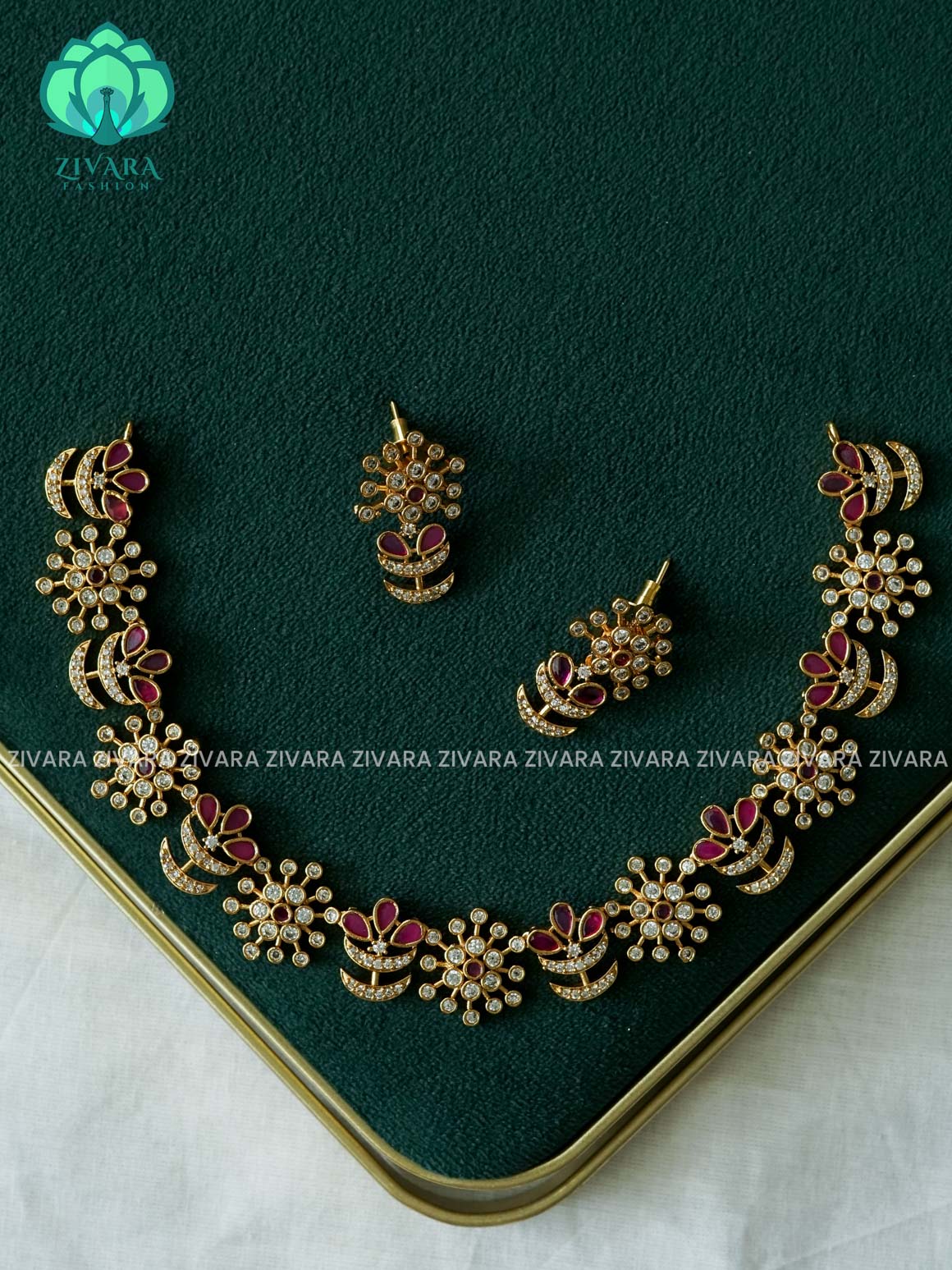 REAL KEMP RUBY STONE FLOWER NECKWEAR - Traditional south indian premium neckwear with earrings- Zivara Fashion- latest jewellery design