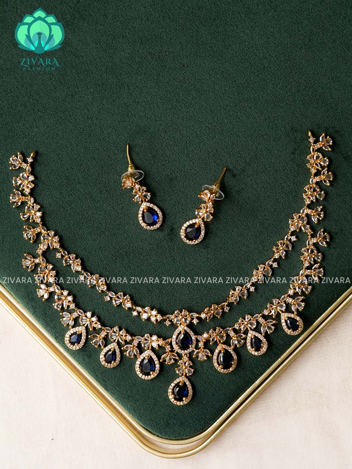 BLUE STONE STEP - stylish and minimal elegant neckwear with earrings- Zivara Fashion