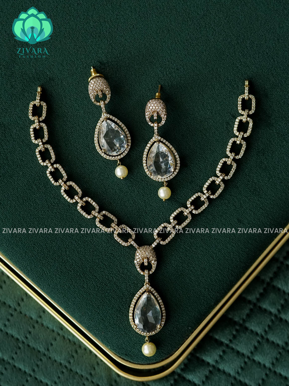 WHITE - BIG TEAR drop neckset - Traditional south indian premium neckwear with earrings- Zivara Fashion- latest jewellery design