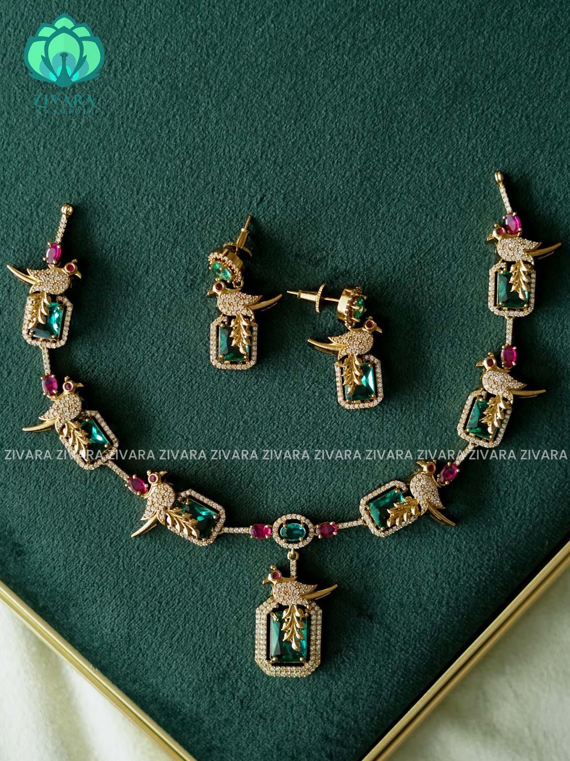 PASTEL GREEN CUTE PARROT NECK WEAR WITH EARRINGS   - Premium quality CZ Matte collection-south indian jewellery