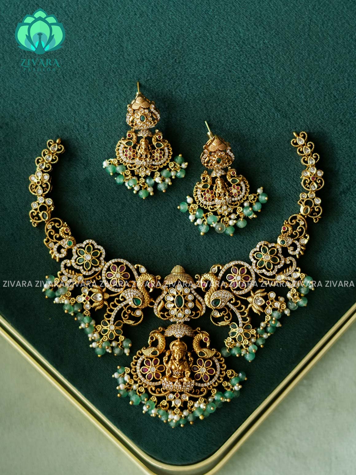 AKSHAYAM - TEMPLE PEACOCK BRIDAL WITH GREEN BEADS HANGINGS  neckwear with earrings - Zivara Fashion