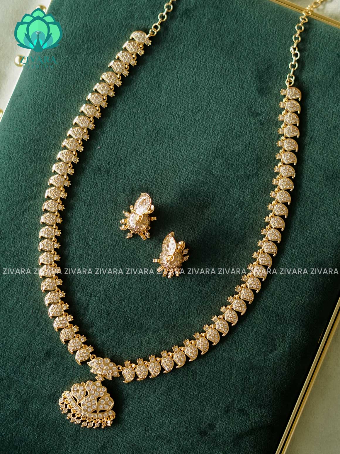AMBIGAI -  WHITE STONE  MICROGOLD POLISH LONG HAARAM  with premium gold polish -Traditional south indian premium neckwear without earrings- Zivara Fashion- latest jewellery design