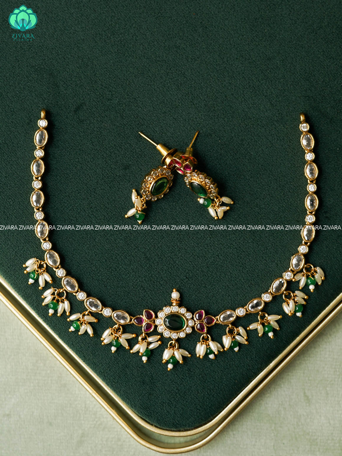 WHITE STONE FLORAL KIDS FRIENDLY NECKWEAR - Traditional south indian premium neckwear with earrings - Zivara Fashion- latest jewellery design