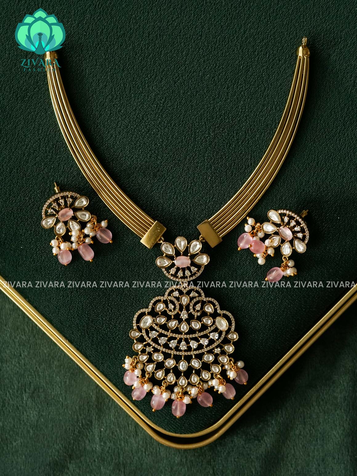 AKSHAYAM -  PASTEL PINK  BRIDAL HASLI  - PREMIUM  MATTE FINISH - stylish and minimal elegant neckwear with earrings- Zivara Fashion