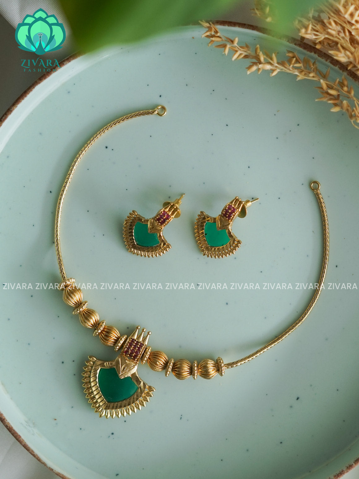ANANYA SERIES - GREEN PALAKKAD Traditional south indian premium neckwear with earrings- Zivara Fashion- latest jewellery design.