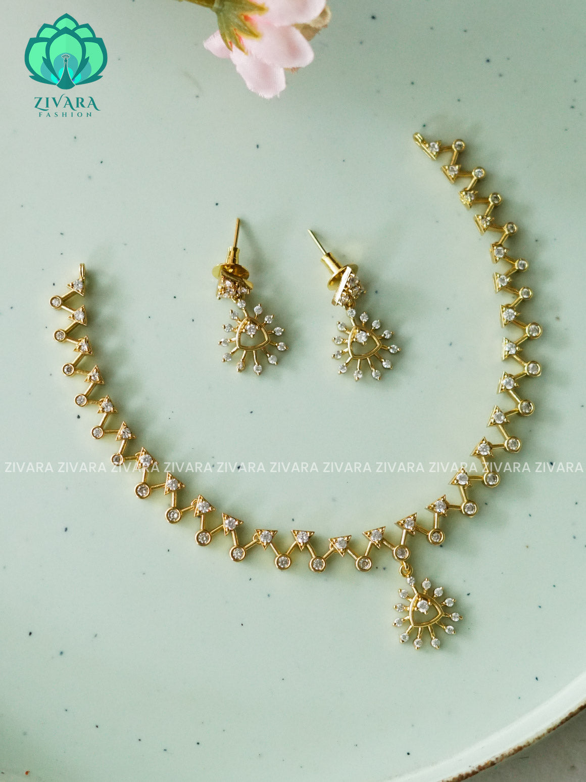 Kanya - WHITE STONE DIAMOND REPLICA - SUBTLE POLISH stylish and minimal elegant neckwear with earrings- Zivara Fashion