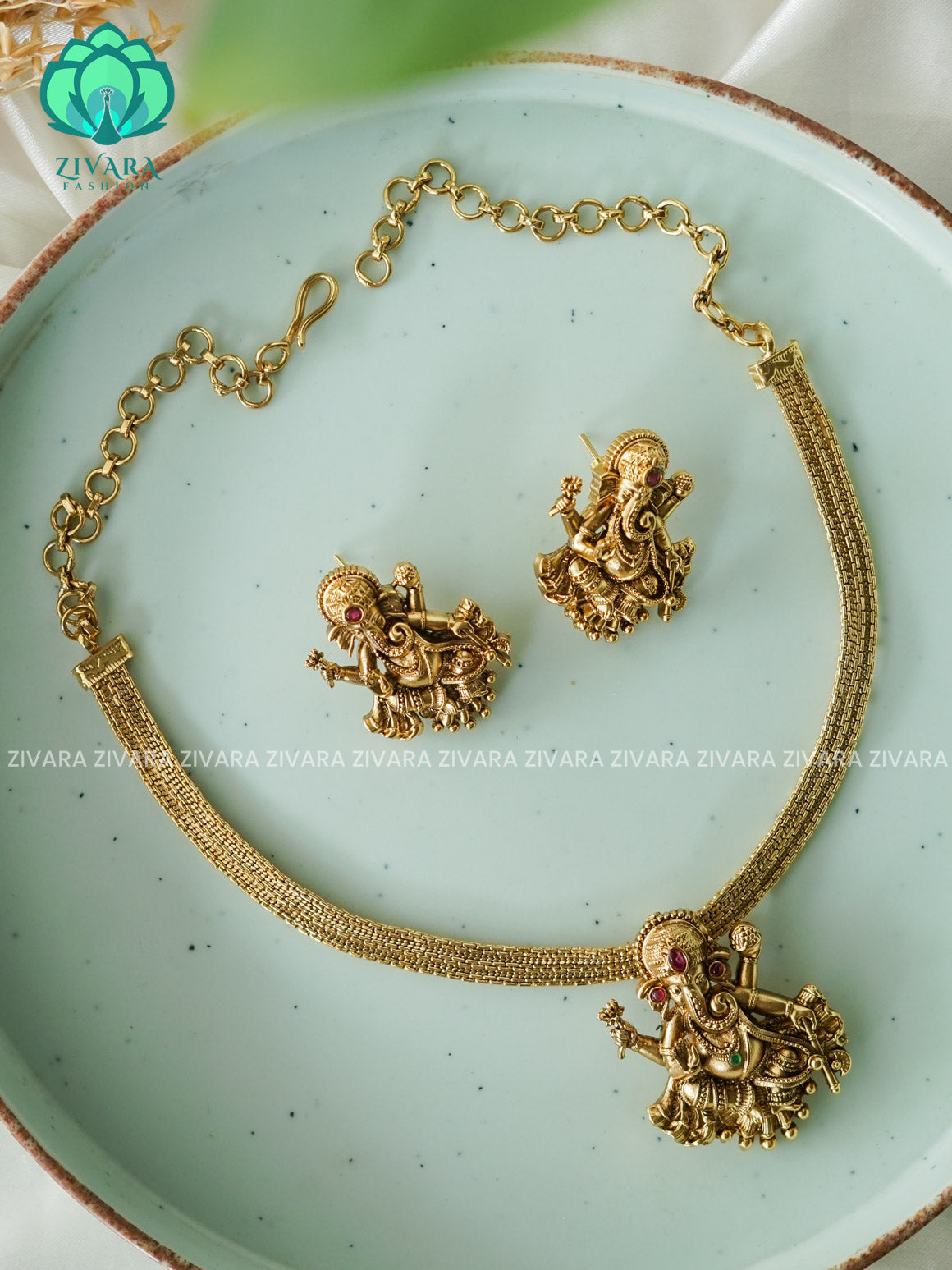 GANESHA PENDANT FLEXIBLE CHAIN  - stylish and minimal elegant neckwear with earrings- Zivara FashioN
