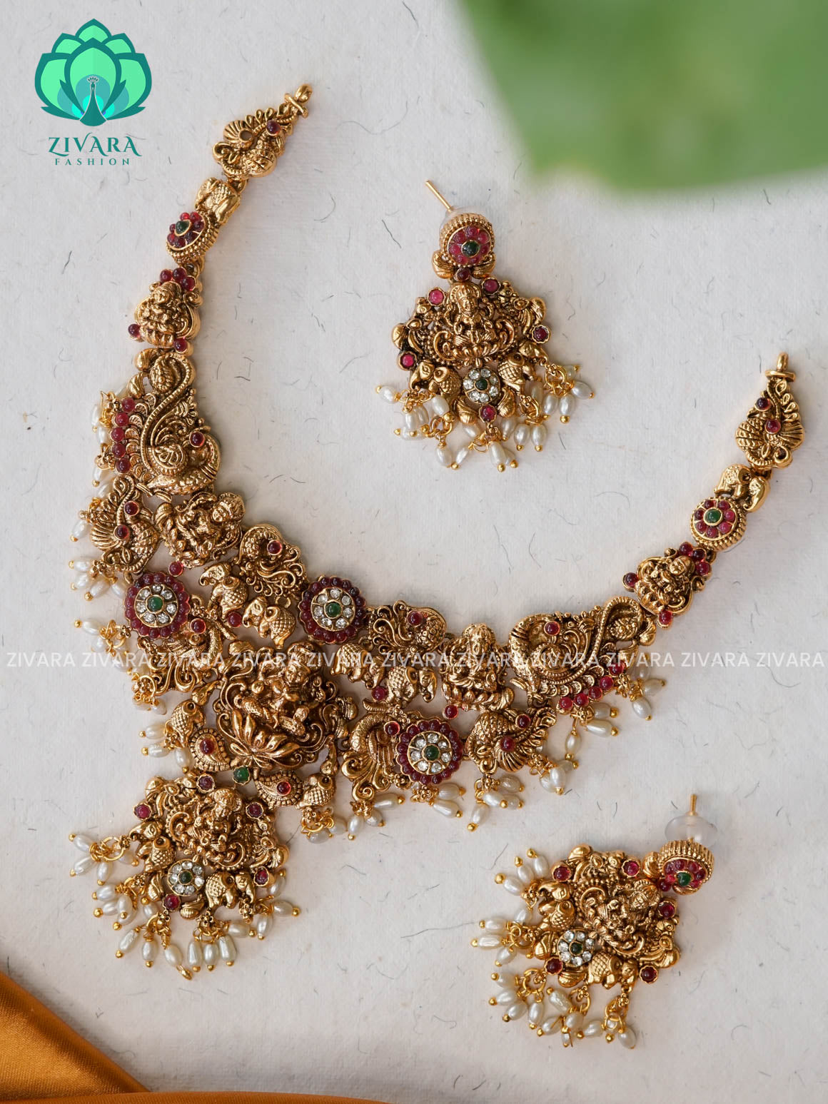 GOLD BEADS HEAVY TEMPLE NORMAL MATTE HASLI neckwear with earrings- Zivara Fashion- latest jewellery design