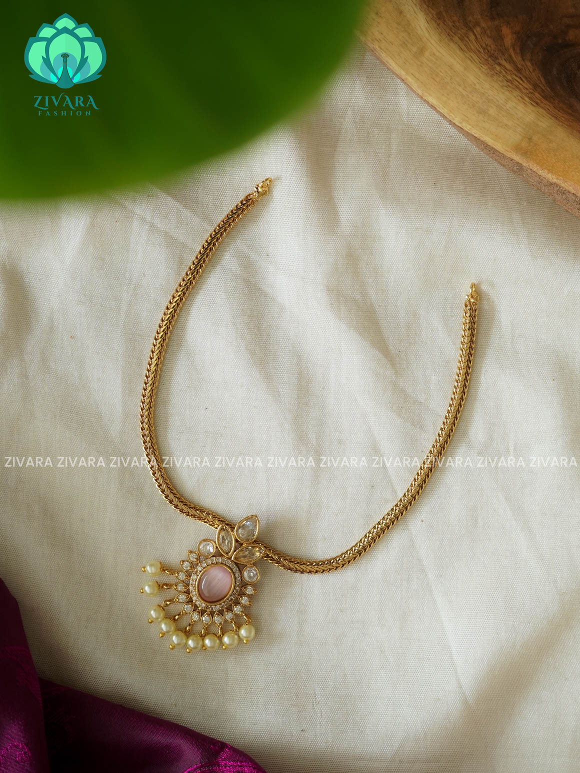 PASTEL PINK - KIDS FRIENDLY OVAL PENDANT WITH FLEXIBLE CHAIN   -  Traditional south indian premium neckwear - Zivara Fashion- latest jewellery design.