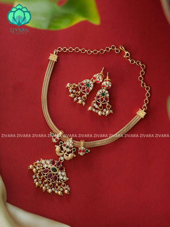 FLEXIBLE CHAIN PEACOCK MOTIF NORMAL MATTE neckwear with earrings- Zivara Fashion- latest jewellery design