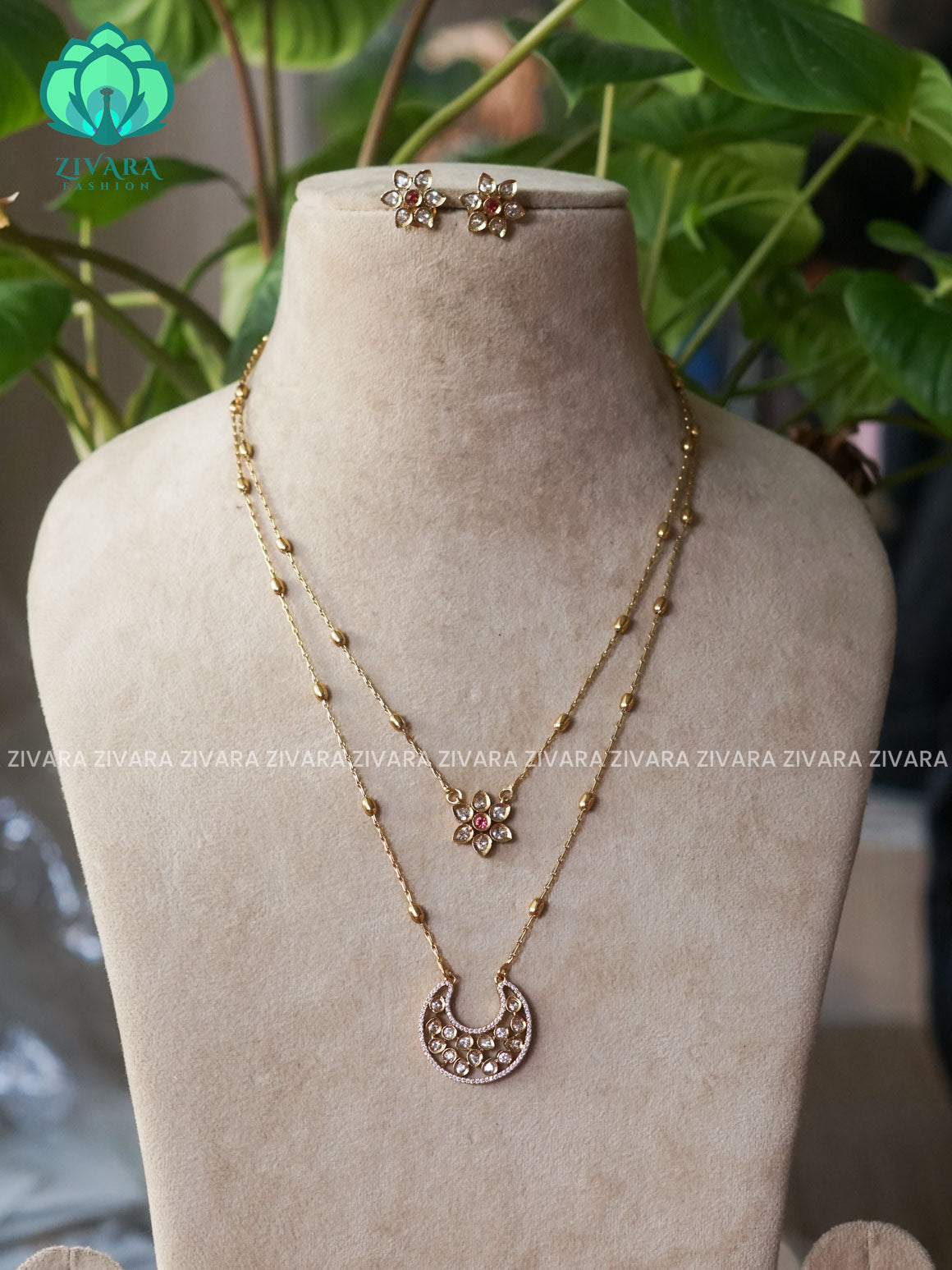 RUBY - DOUBLE LAYER MOON THIN CHAIN  -Traditional south indian premium neckwear with earrings- Zivara Fashion- latest jewellery design