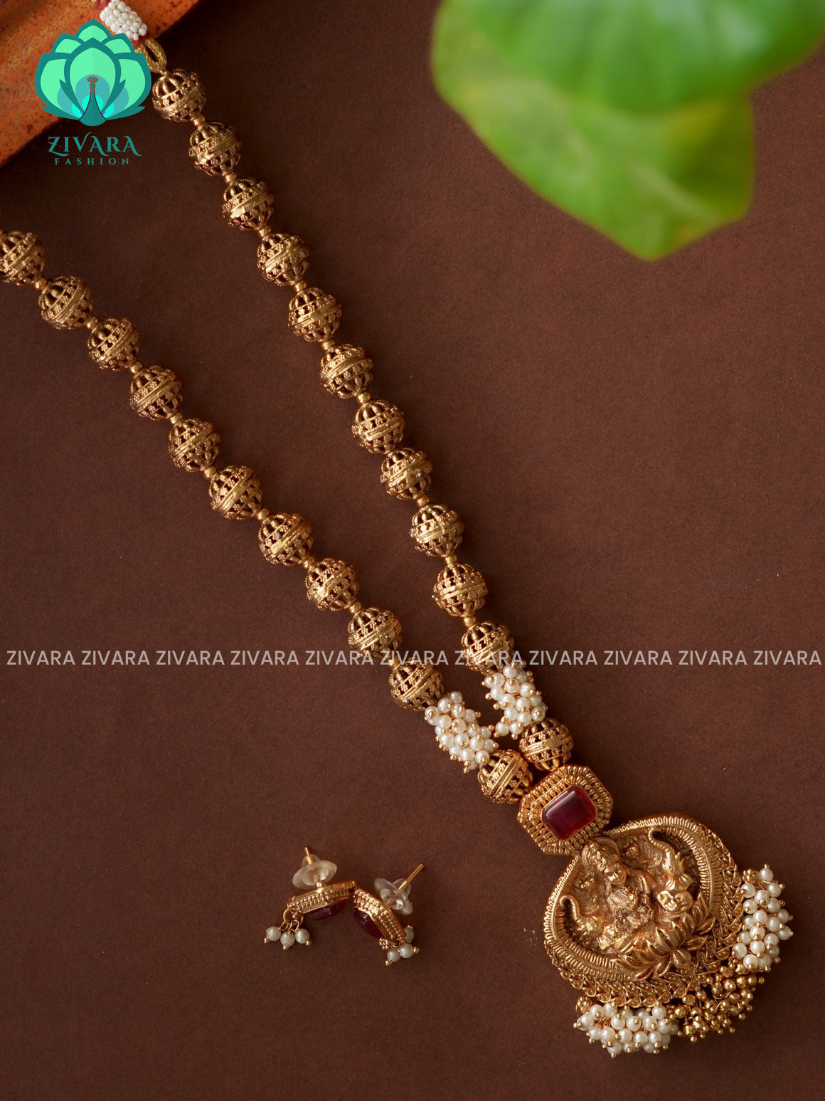 RUBY TEMPLE PENDANT BALL CHAIN - Traditional PREMIUM MATTE polish MIDCHEST haaram/neckwear with earrings- Zivara FashiON