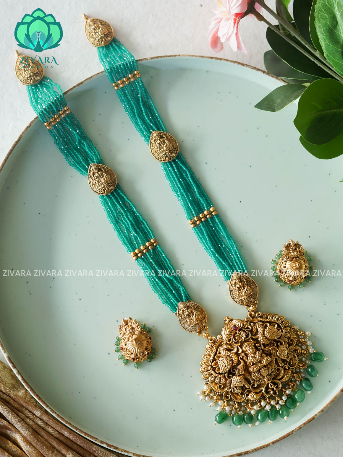 TURQUOISE Green beads haaram MIDCHEST  neckwear with earrings- normal Matte Finish- Zivara Fashion