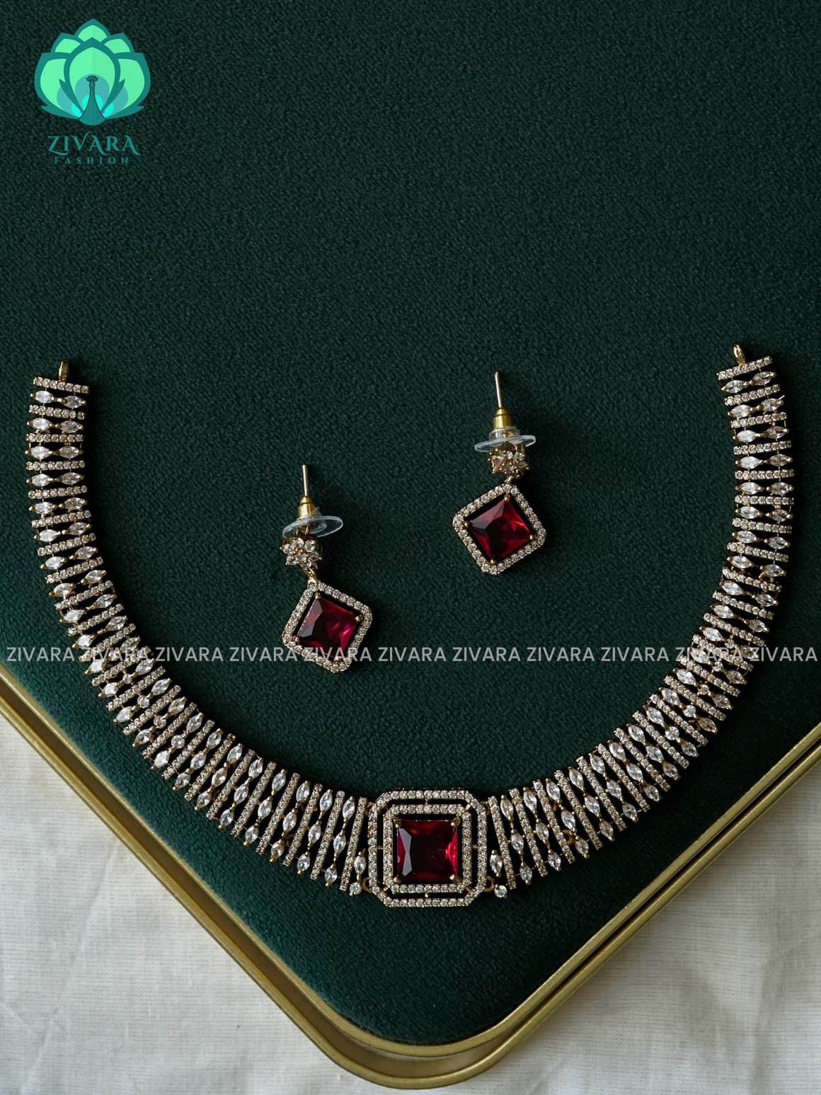 RUBY - Square pendant Bridal hasli - stylish and minimal elegant neckwear with earrings- Zivara Fashion