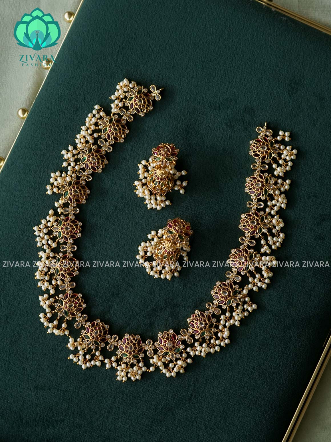 Hot selling 2 in 1  Haaram or hipbelt lotus LONG  neckwear with earrings- CZ Matte Finish- Zivara Fashion