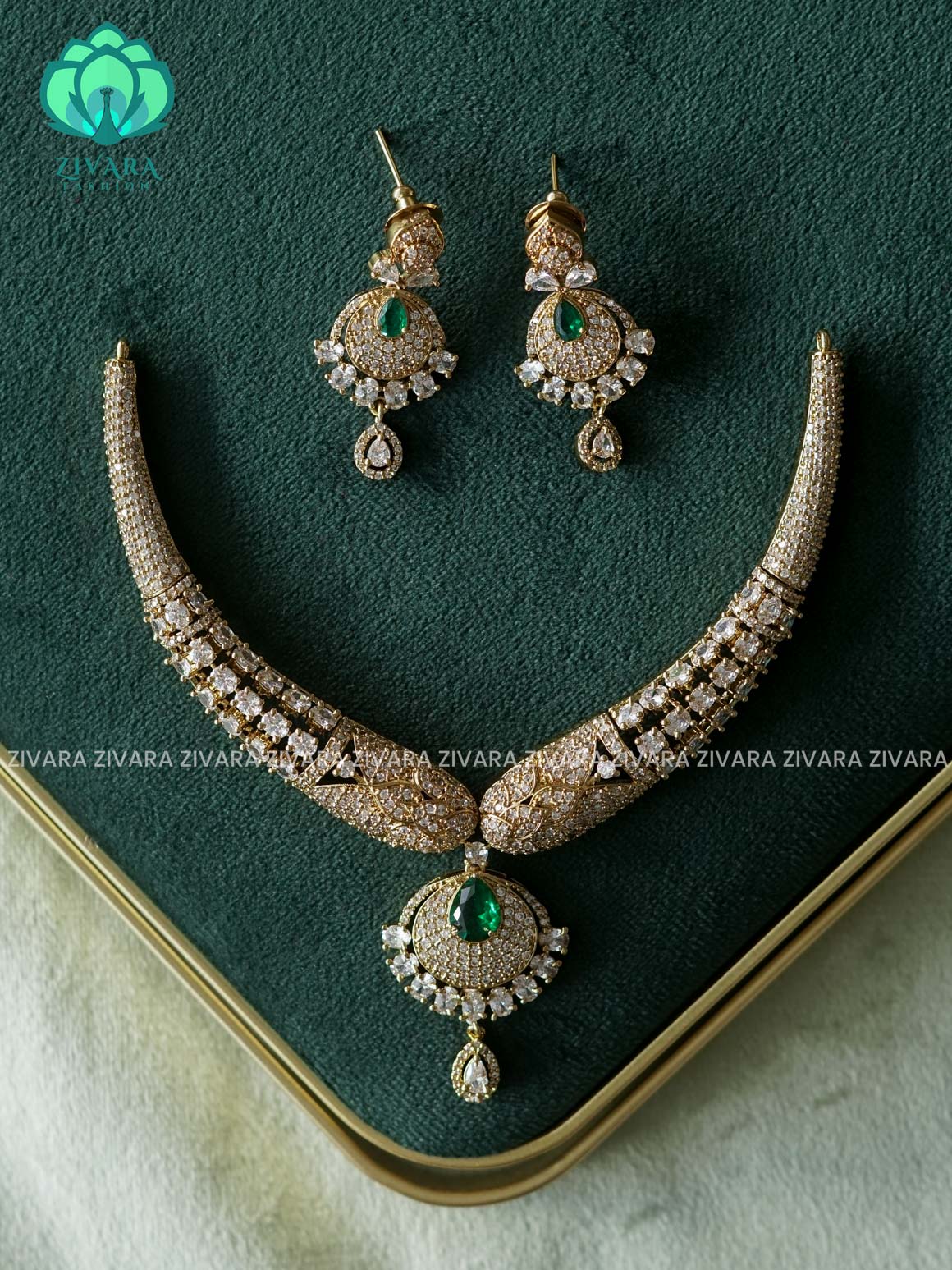 GREEN TEAR HASLI  -Traditional south indian premium neckwear with earrings- Zivara Fashion- latest jewellery design