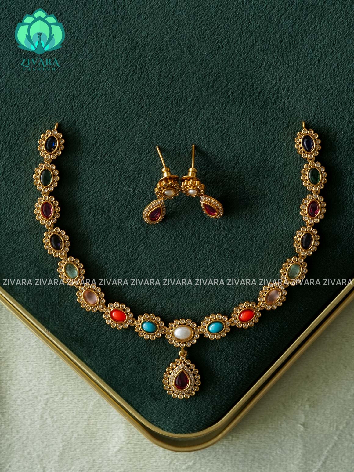 Navaratna - Traditional south indian premium neckwear with earrings- Zivara Fashion- latest jewellery design