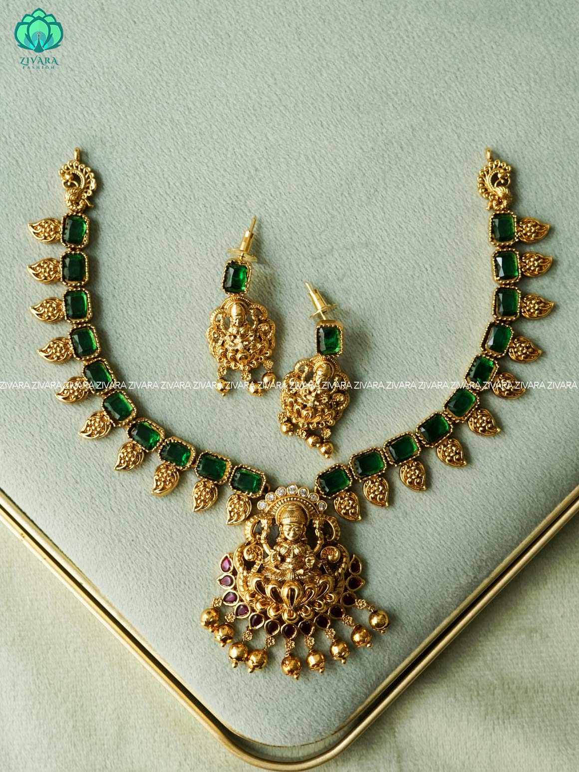 Akshayam - GREEN STONE TEMPLE NECKWEAR WITH HANGINGS BEADS - bridal temple neckwear -Traditional south indian premium neckwear with earrings- Zivara Fashion- latest jewellery design