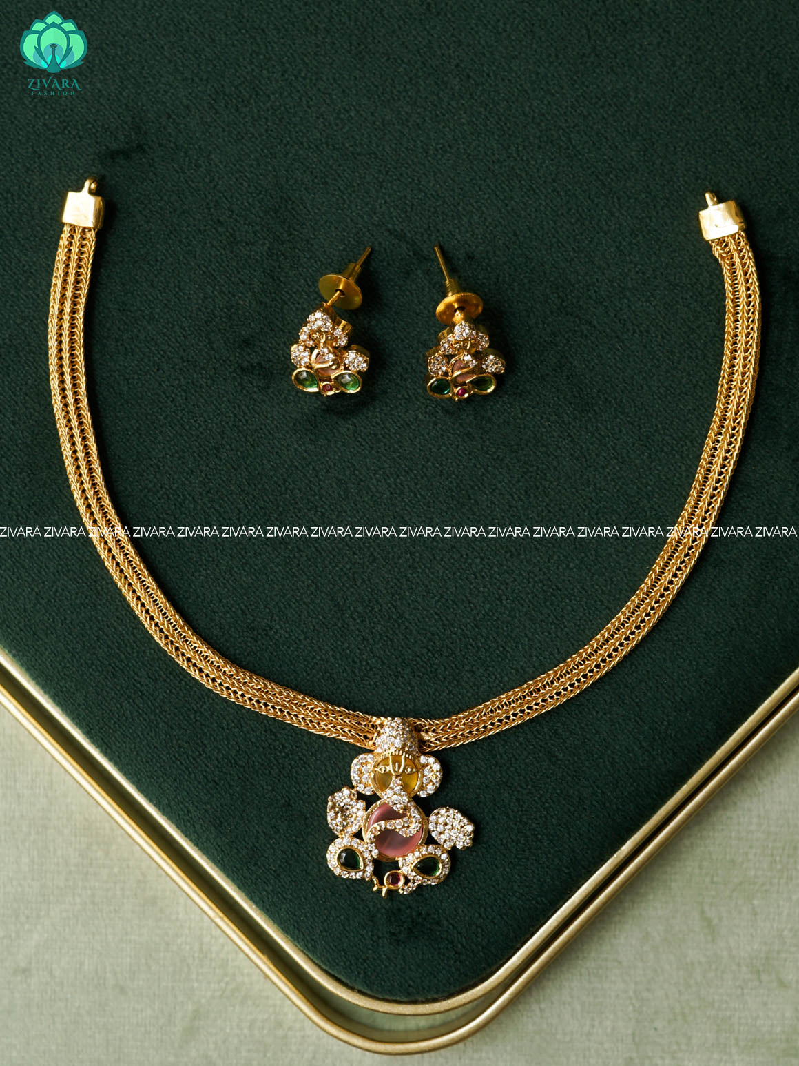 MULTICOLOUR GANESHA PENDANT WITH - FLEXIBLE CHAIN  - Traditional south indian premium neckwear with earrings- Zivara Fashion- latest jewellery design