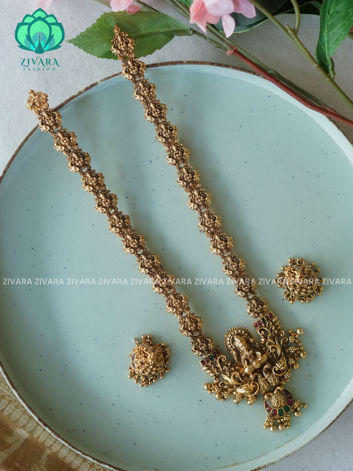 Temple - TRADITIONAL NORMAL MATTE MIDCHEST haaram/neckwear with earrings- Zivara Fashion