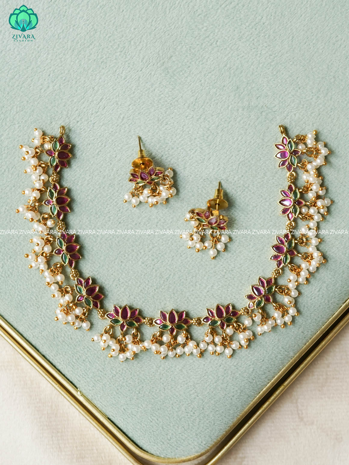 RUBY GREEN  STONE LOTUS - Traditional south indian premium neckwear with earrings- Zivara Fashion- latest jewellery design