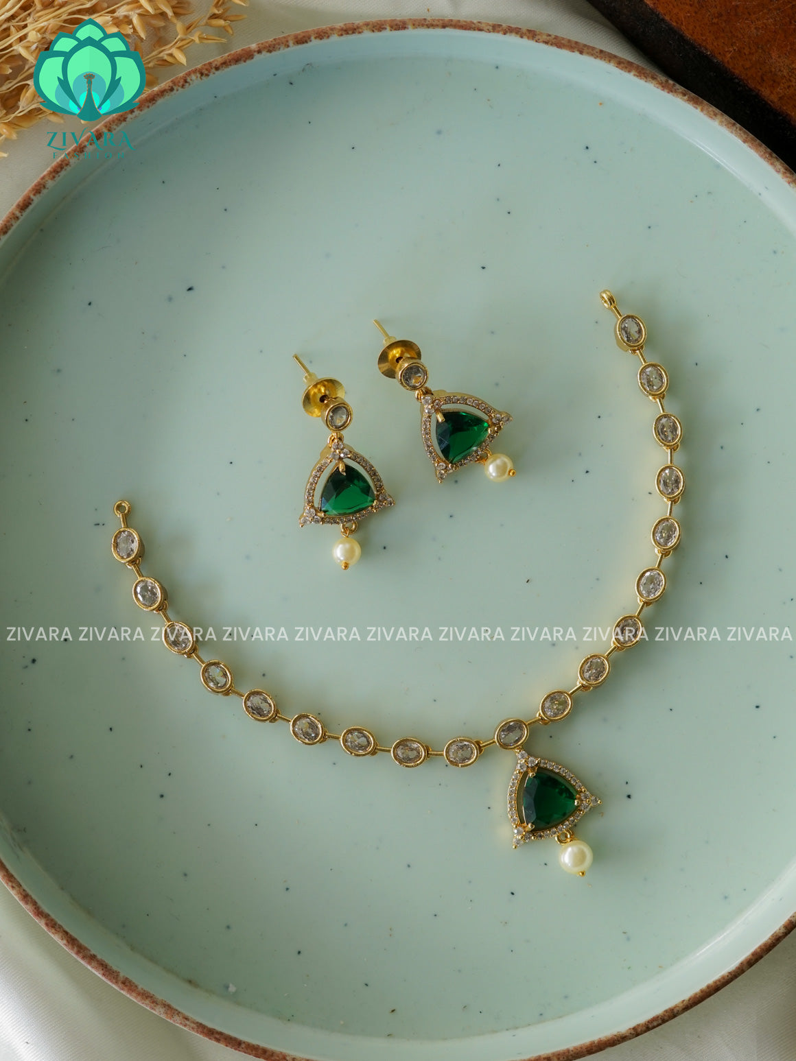 Green Kids friendly simple stone - stylish and minimal elegant neckwear with earrings- Zivara Fashion