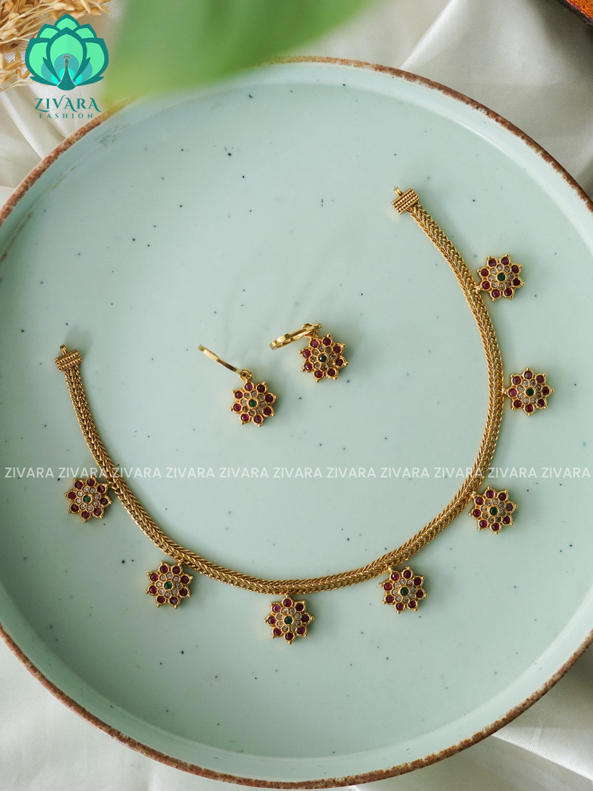 RUBY WHITE FLOWER- FLEXIBLE CHAIN WITH HANGING -Traditional south indian premium neckwear with earrings- Zivara Fashion- latest jewellery design