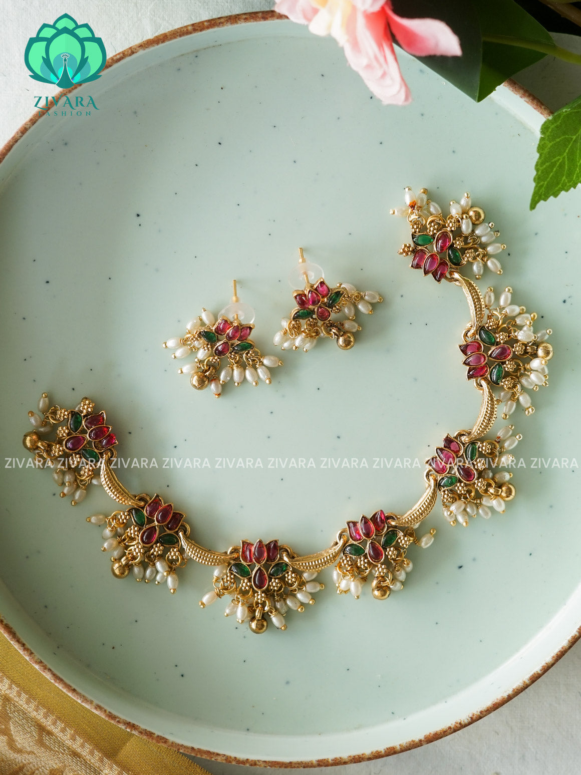 Trending NORMAL MATTE lotus enamel neckwear with earrings- Zivara Fashion- latest jewellery design