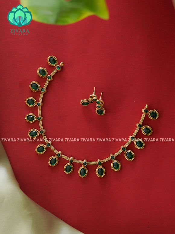 GREEN-OVAL MOTIF NORMAL MATTE neckwear with earrings- Zivara Fashion- latest jewellery design