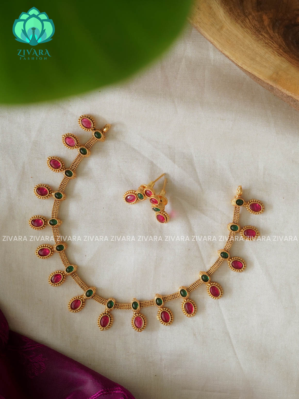 RUBY AND GREEN OVAL MOTIF  - NORMAL MATTE POLISH  neckwear with earrings- Zivara Fashion- latest jewellery desigN