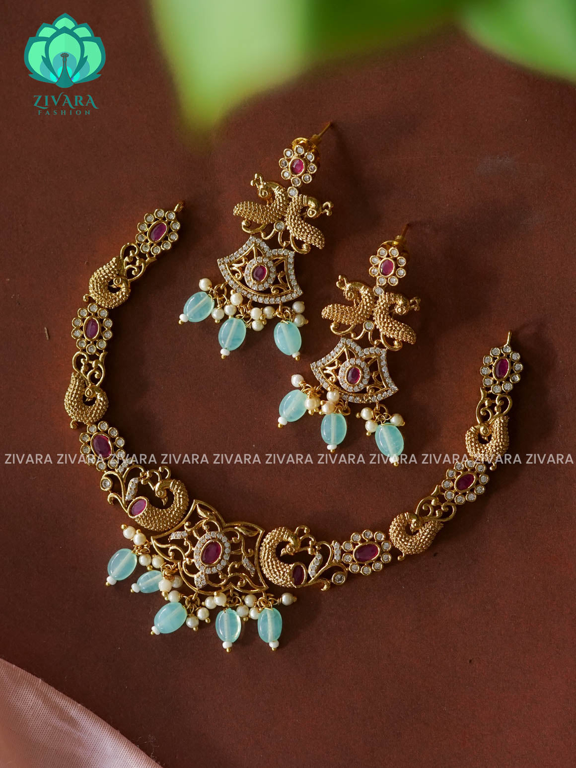 PASTEL GREEN  - premium matte NECKWEAR  with earrings-latest south indian jewellery