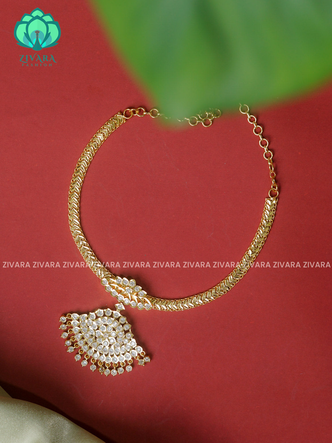 WHITE STONE MICROPOLISH PENDANT FLEXIBLE CHAIN Traditional south indian premium neckwear withOUT earrings- Zivara Fashion- latest jewellery design