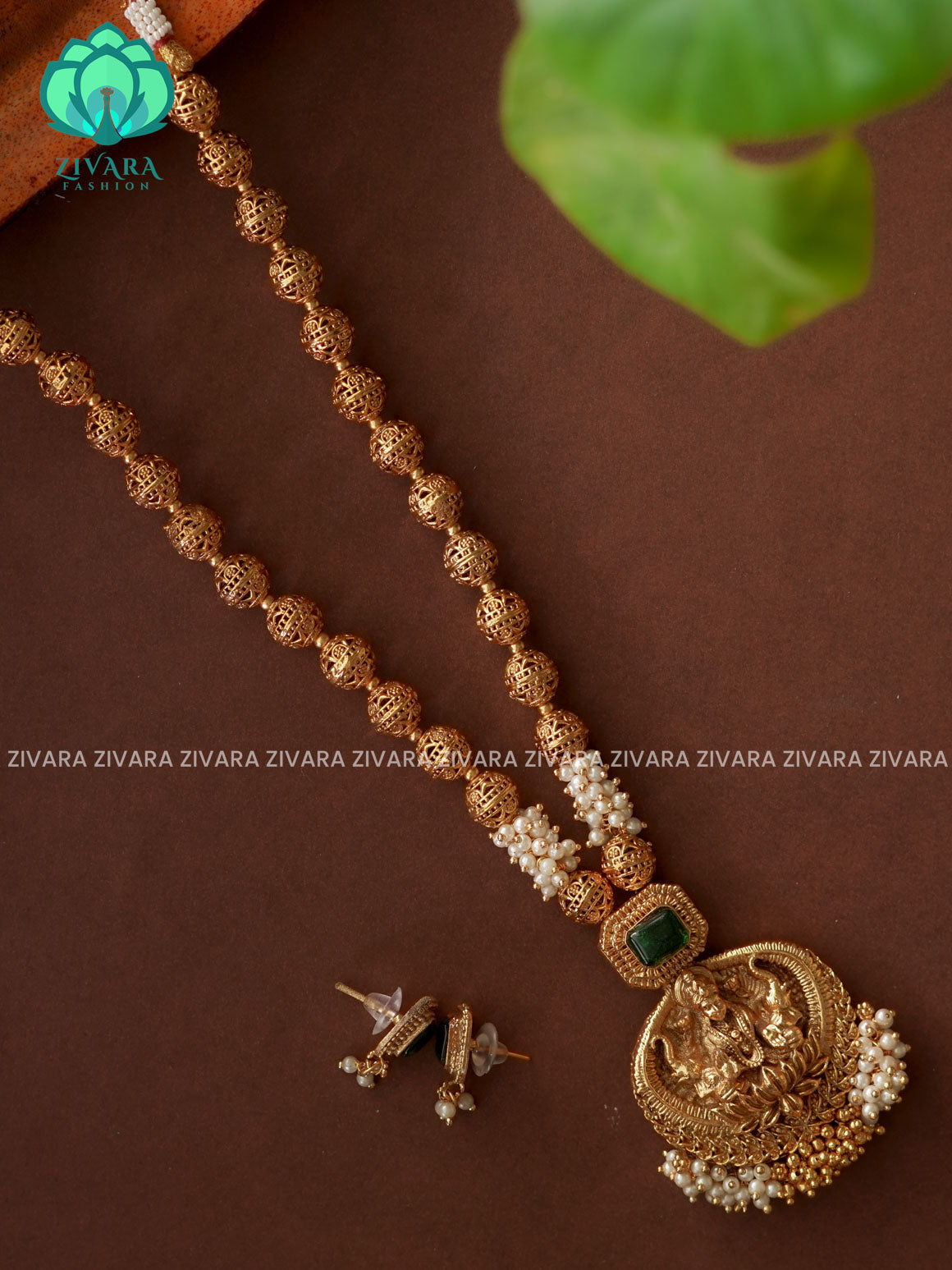 GREEN  TEMPLE PENDANT BALL CHAIN - Traditional PREMIUM MATTE polish MIDCHEST haaram/neckwear with earrings- Zivara FashiON