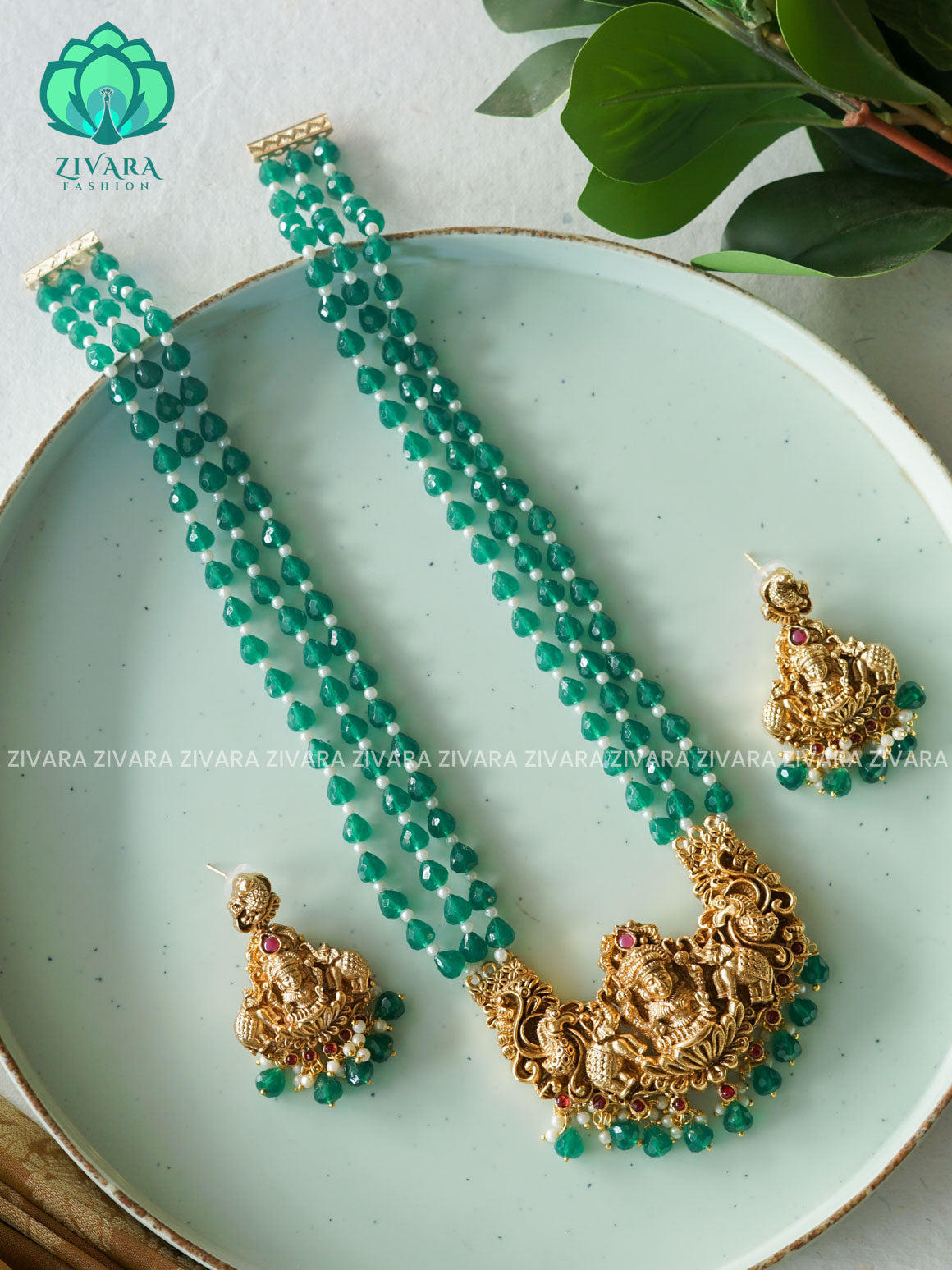 DARK GREEN TEAR beads haaram MIDCHEST  neckwear with earrings- normal Matte Finish- Zivara Fashion