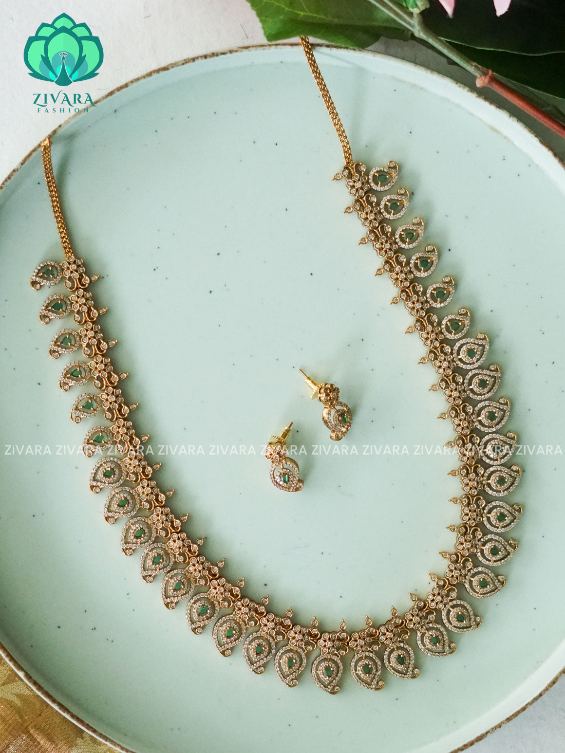 GREEN STONE MANGO - Traditional PREMIUM MATTE polish MIDCHEST haaram/neckwear with earrings- Zivara Fashion