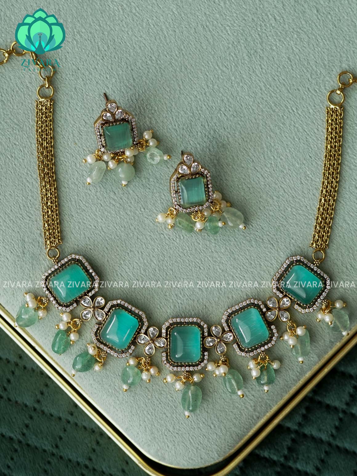 PASTEL GREEN-Bridal Square stone Victorian polish finish choker with earrings  - Premium quality CZ Matte collection-south indian jewellery