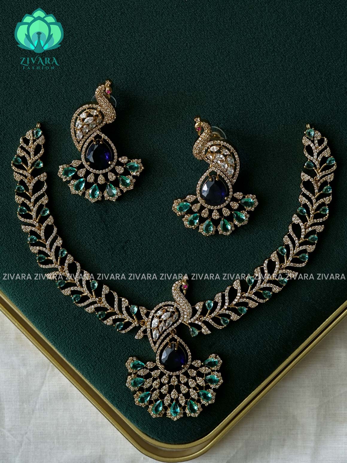 AKSHAYAM - PEACOCK EMERALD GREEN WITH PURPLE TEAR NECKWEAR - premium neckwear with earrings- Zivara Fashion- latest jewellery design