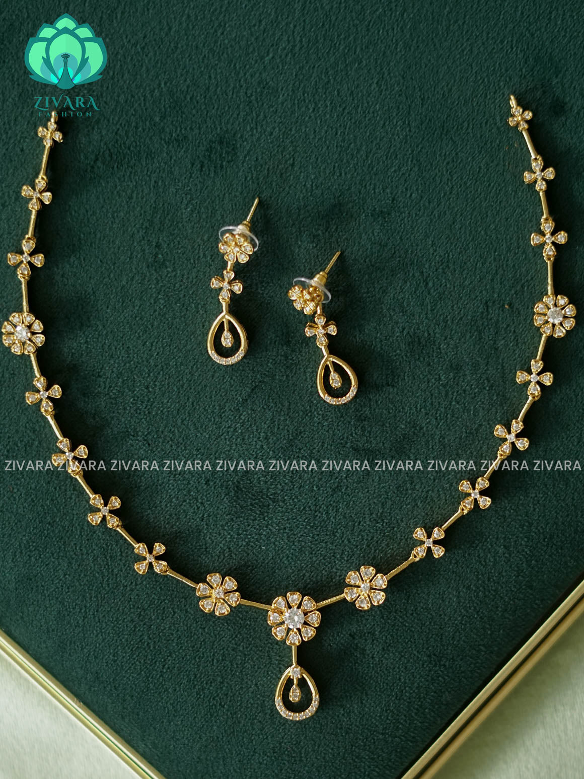 FLOWER WHITE STONE-  stylish and minimal elegant neckwear with earrings- Zivara Fashion