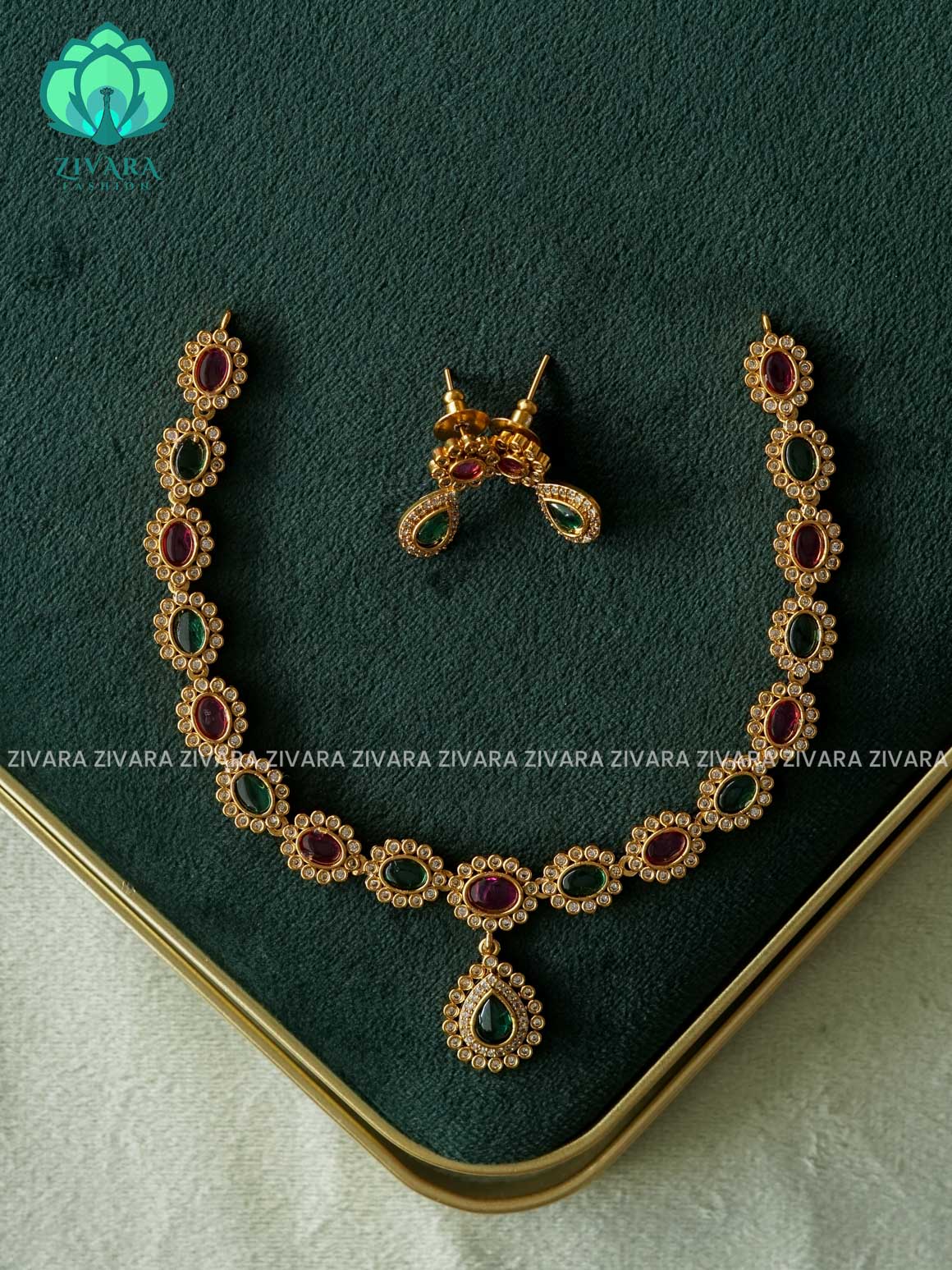 RUBY GREEN OVAL STONE - Traditional south indian premium neckwear with earrings- Zivara Fashion- latest jewellery design