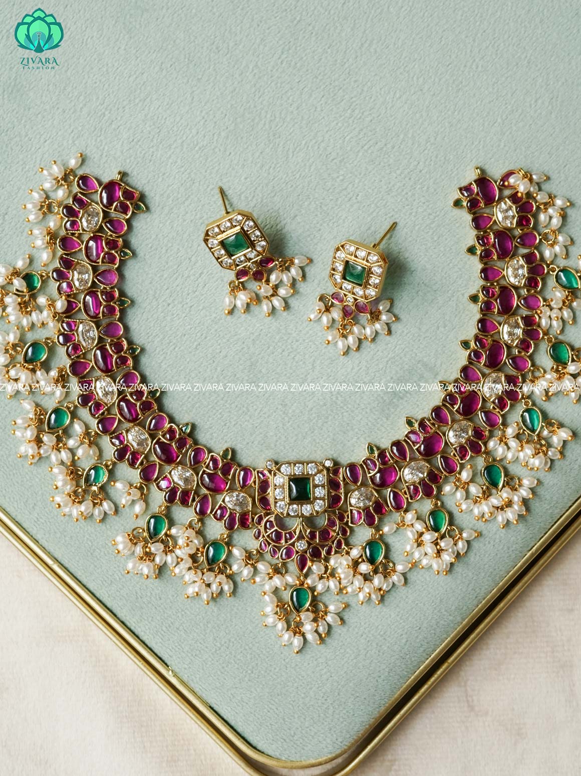 REAL KEMP BRIDAL neckwear with green tear beads hangings NECKWEAR with earrings - Zivara Fashion