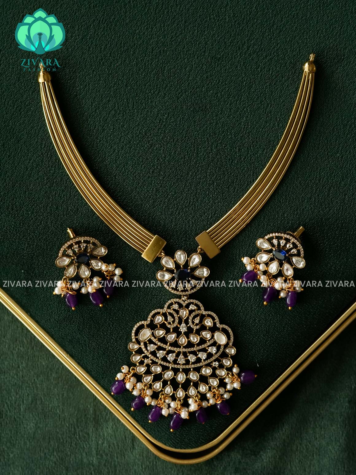 AKSHAYAM -  PURPLE BLUE  BRIDAL HASLI  - PREMIUM  MATTE FINISH - stylish and minimal elegant neckwear with earrings- Zivara Fashion