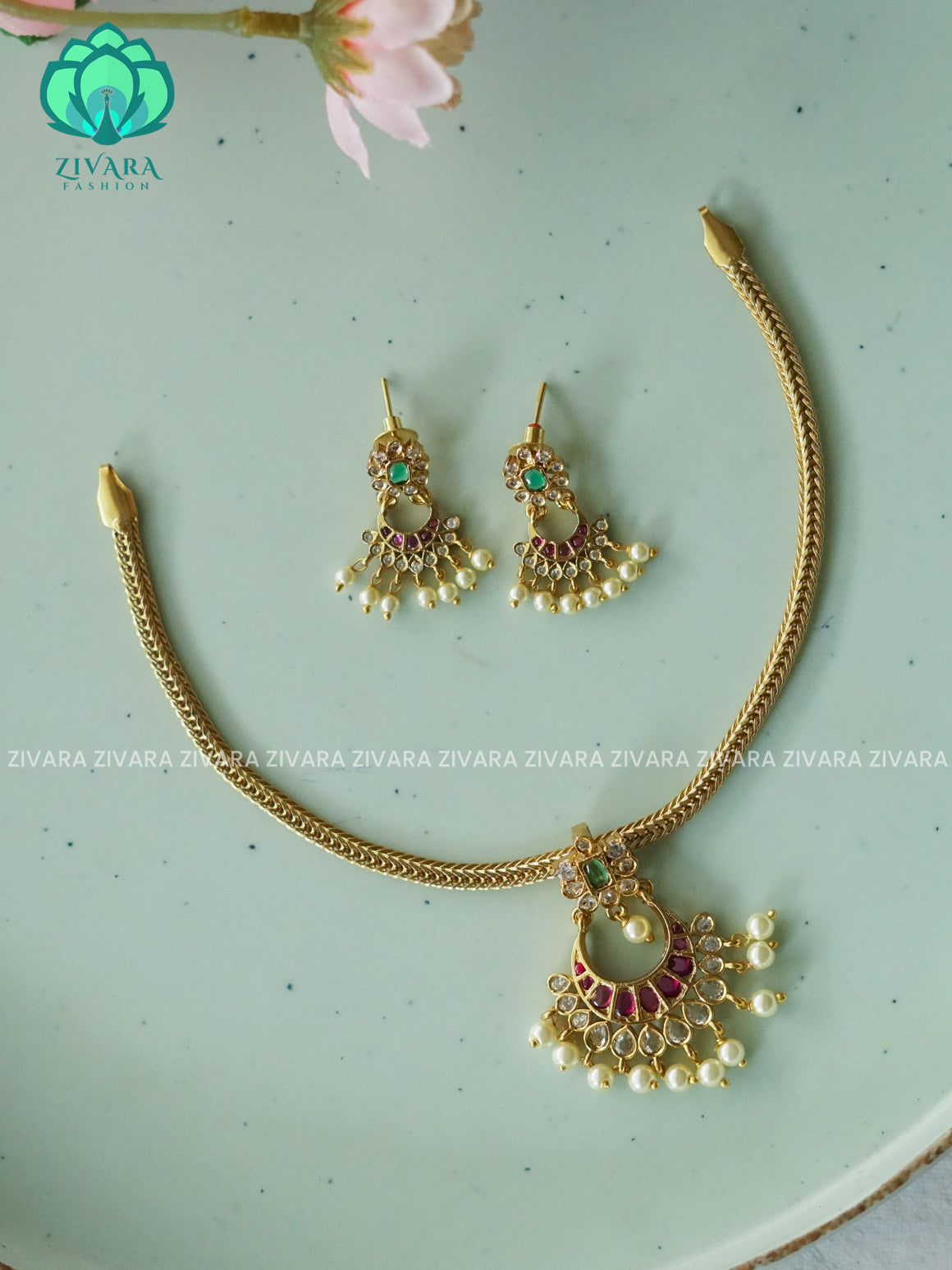 REAL KEMP - BHANU - FLEXIBLE CHAIN- Traditional south indian PREMIUM  MATTE neckwear with earrings - Zivara Fashion