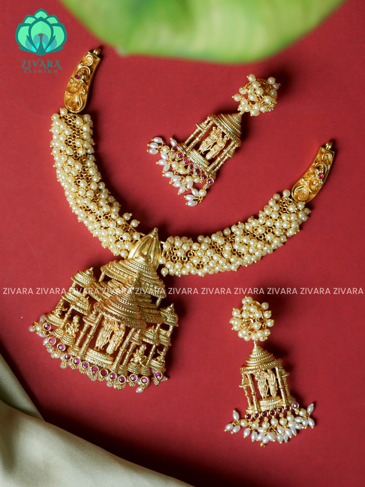 PEARL CLUSTER RAM PARIVAR 3D TEMPLE  -Traditional south indian premium neckwear with earrings- Zivara Fashion- latest jewellery design.