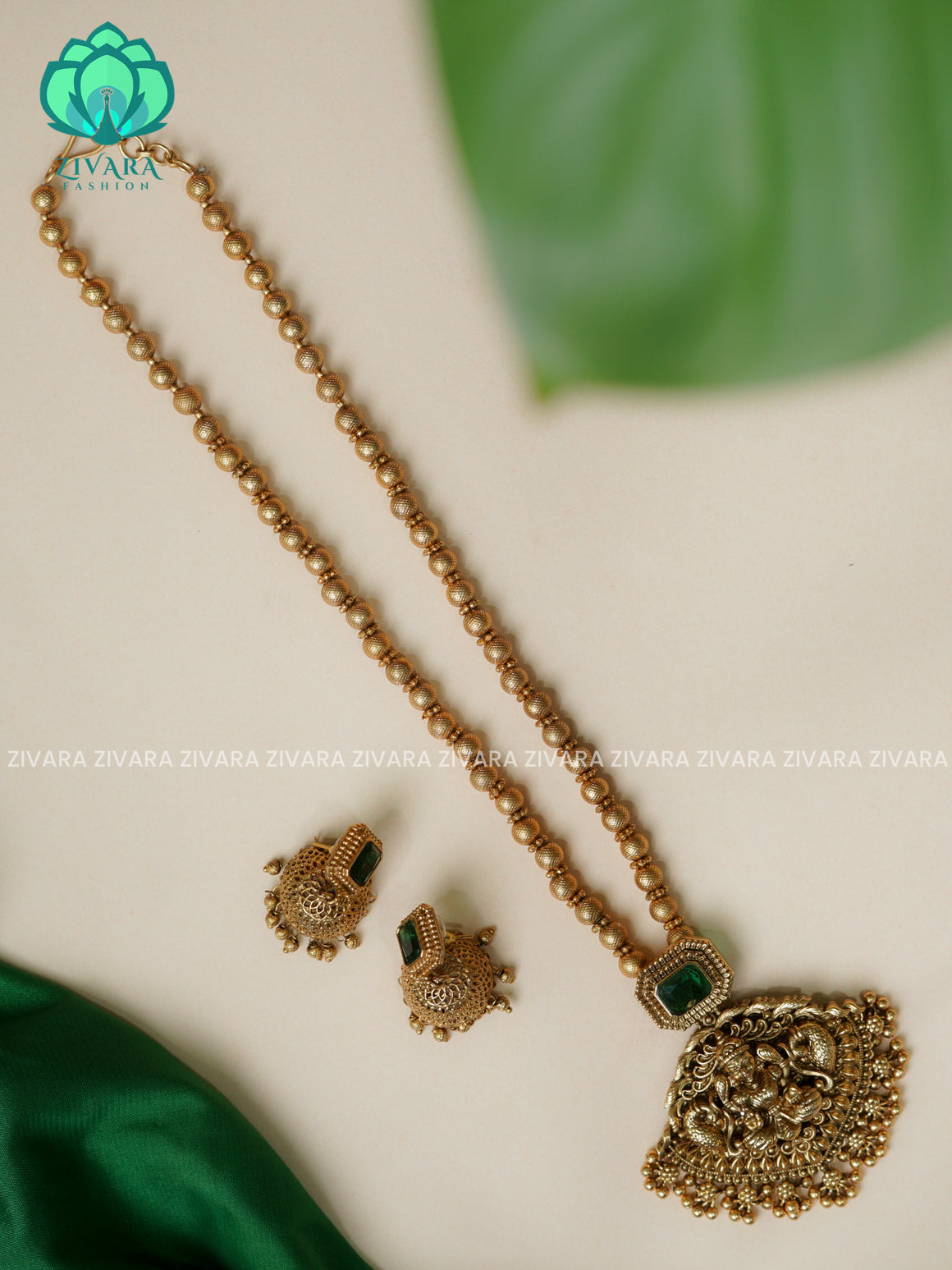 TEMPLE PENDANT BALL CHAIN - Traditional PREMIUM MATTE polish MIDCHEST haaram/neckwear with earrings- Zivara Fashion