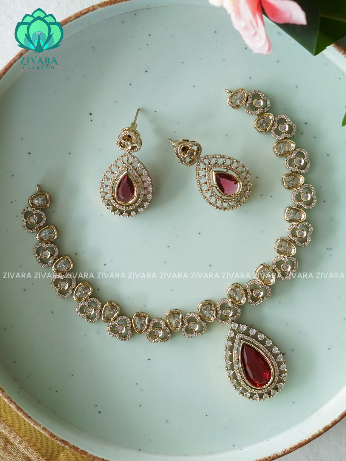 RUBY - TEAR  - SUBTLE POLISH stylish and minimal elegant neckwear with earrings- Zivara Fashion