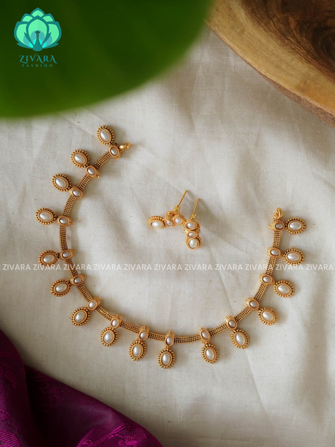 PEARL OVAL MOTIF  - NORMAL MATTE POLISH  neckwear with earrings- Zivara Fashion- latest jewellery desigN