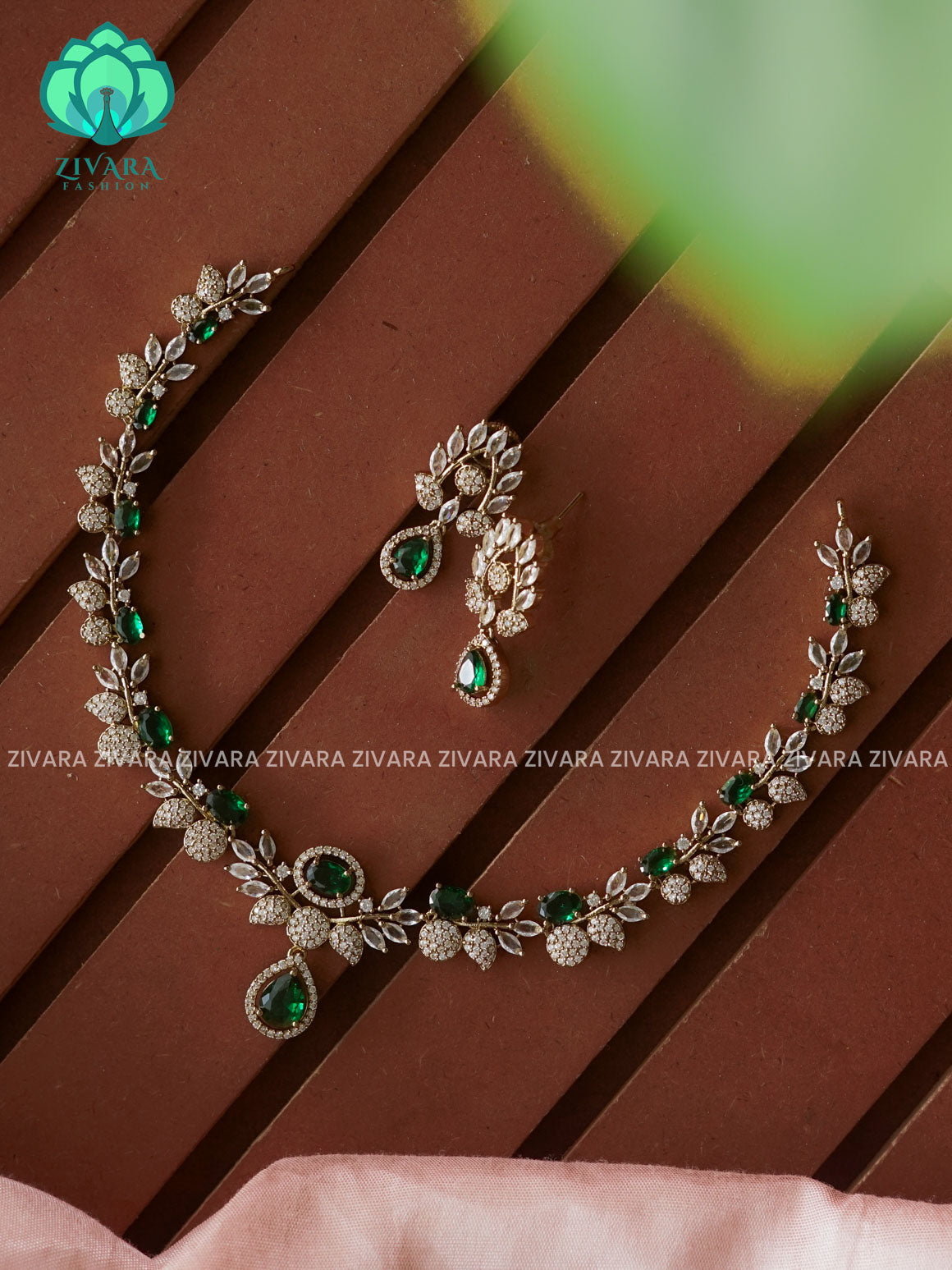 GREEN LEAF AND TEAR  pendant -Traditional south indian premium neckwear with earrings- Zivara Fashion- latest jewellery design.