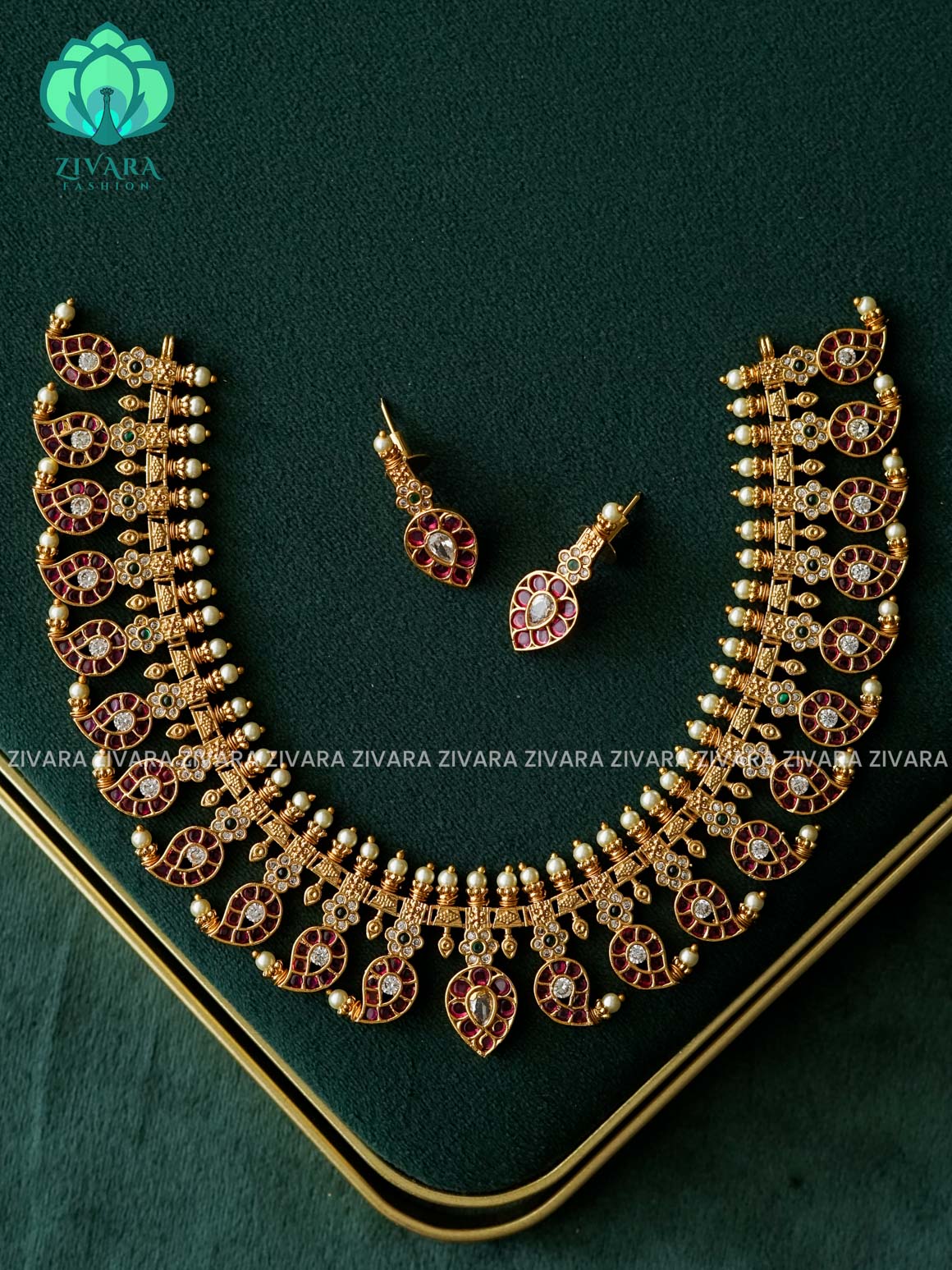 RUBY MANGA  neckwear with  REAL KEMP STONE hangings with earrings - Zivara Fashion